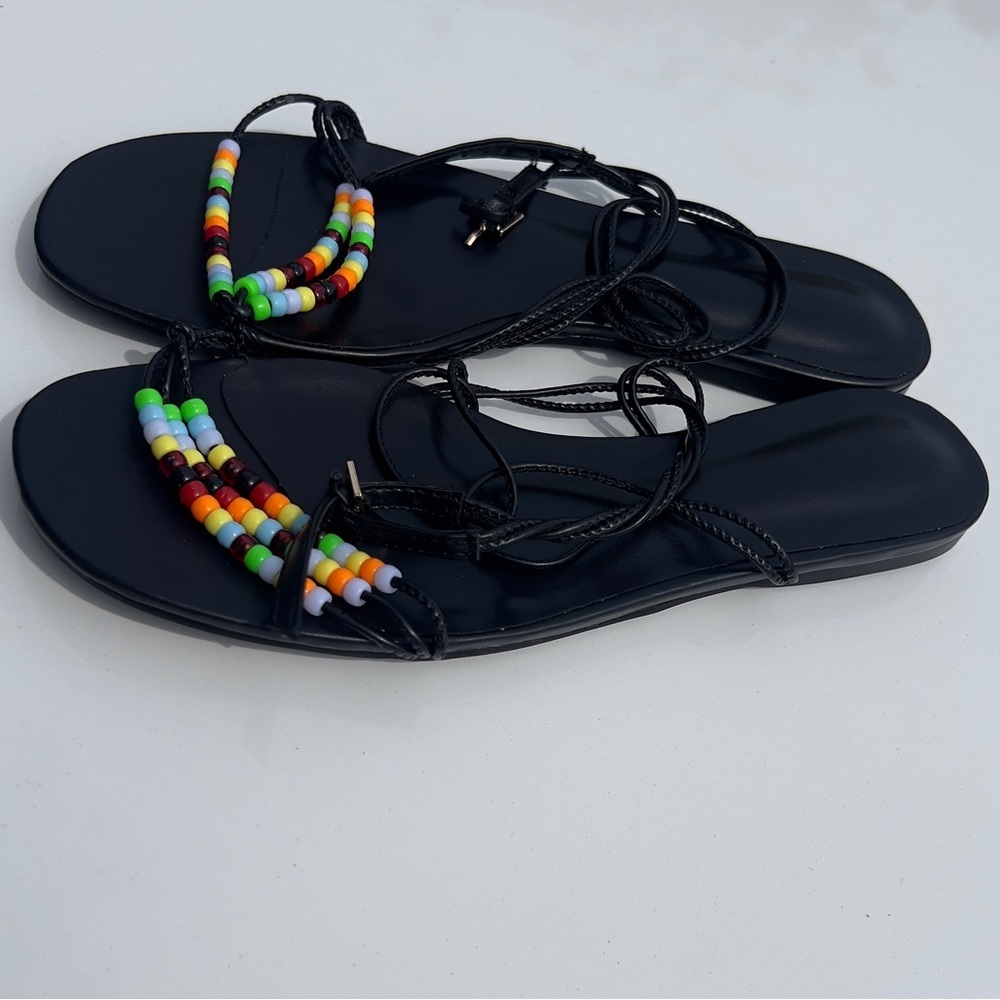 Black Strappy Sandals with Multicolor Beaded Toe Detail - Picture 4 of 6